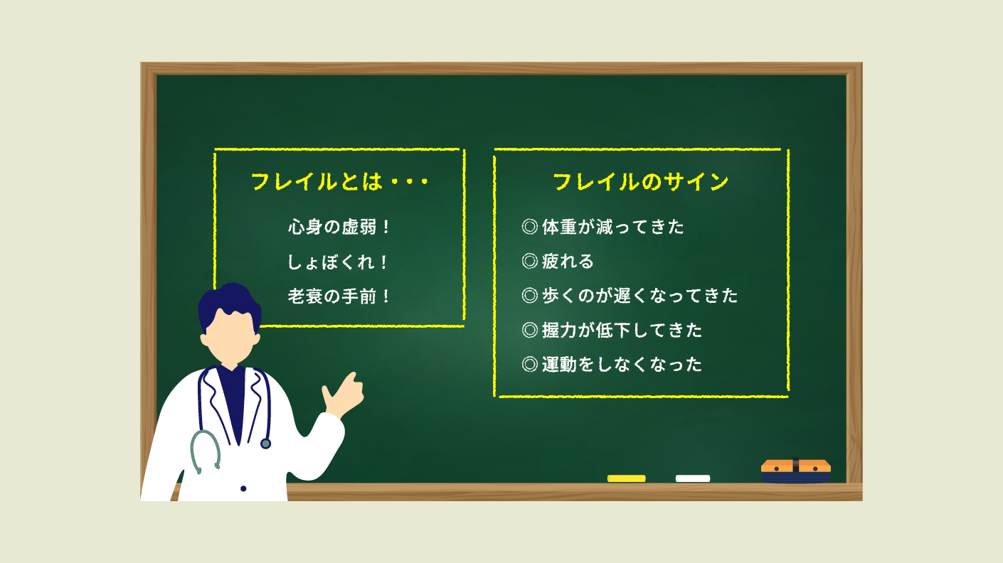 【フレイルとは・・・】心身の虚弱！しょぼくれ！老衰の手前！｜【フレイルのサイン】体重が減ってきた、疲れる、歩くのが遅くなってきた、握力が低下してきた、運動をしなくなった