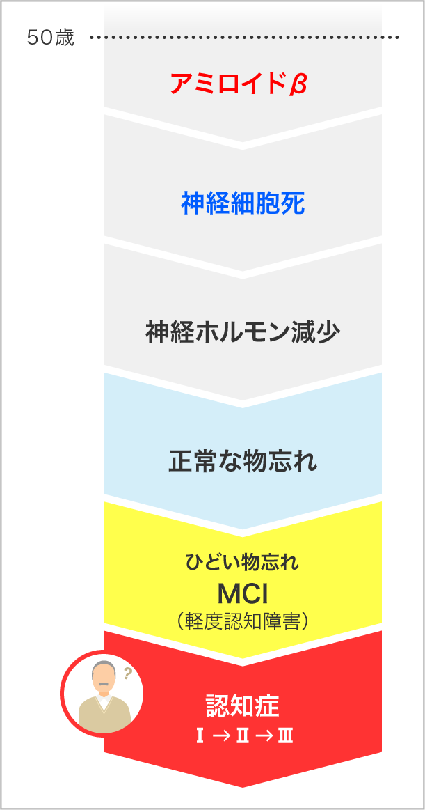 （50歳）アミロイドβ→神経細胞死→神経ホルモン減少→正常な物忘れ→ひどい物忘れ MCI（軽度認知障害）→認知症（Ⅰ→Ⅱ→Ⅲ）